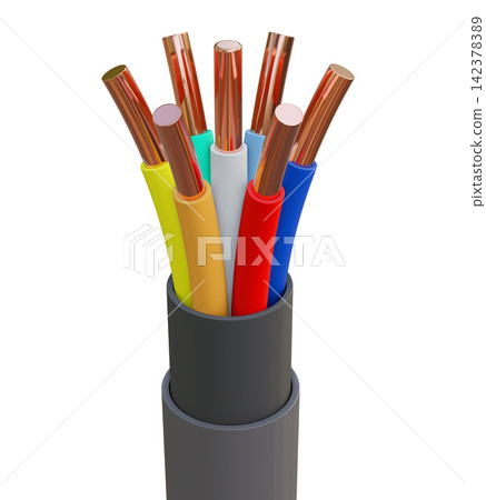 Colorful Electrical Cables with Copper Wires on White Background Colorful Electrical Cables with Copper Wires on White Background 142378389