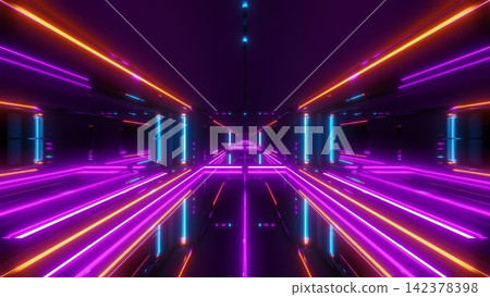 Neon Futuristic Corridor with Cyberpunk Light Trails Neon Futuristic Corridor with Cyberpunk Light Trails 142378398