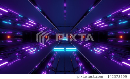Futuristic Neon Sci-Fi Corridor with Purple and Blue Lights Futuristic Neon Sci-Fi Corridor with Purple and Blue Lights 142378399