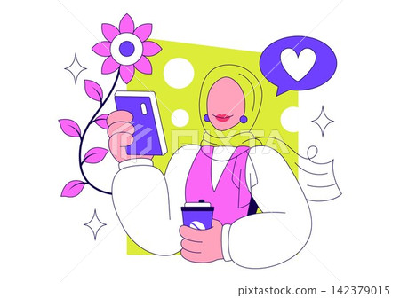 Modern Hijabi Lifestyle Vector Illustration Featuring Confident Muslim Women, Fashion, Technology, Social Connection and Everyday Activities Modern Hijabi Lifestyle Vector Illustration Featuring Confident Muslim Women, Fashion, Technology, Social Connection and Everyday Activities 142379015