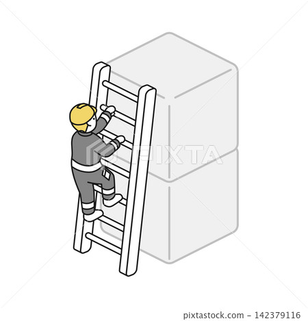 Isometric illustration: A worker climbing a square box using a ladder. Isometric illustration: A worker climbing a square box using a ladder. 142379116