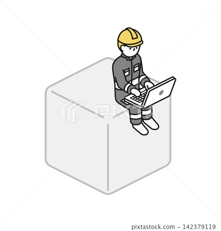 Isometric illustration: A worker sitting in a square box operating a PC. Isometric illustration: A worker sitting in a square box operating a PC. 142379119