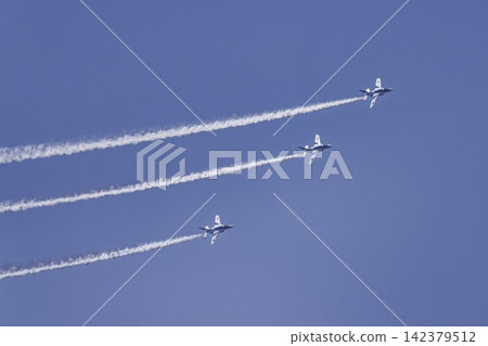 Blue Impulse aerobatic team at Matsushima Air Base during summer blue skies and flight training in Higashimatsushima City, Miyagi Prefecture. Blue Impulse aerobatic team at Matsushima Air Base during summer blue skies and flight training in Higashimatsushima City, Miyagi Prefecture. 142379512