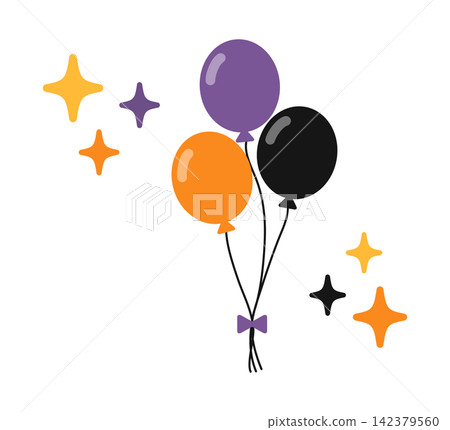 A cut illustration of Halloween-colored balloons and sparkling popping stars. A cut illustration of Halloween-colored balloons and sparkling popping stars. 142379560
