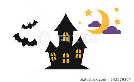 A spooky, ruined building silhouette for Halloween, standing tall against a night sky illuminated by a crescent moon and stars. A spooky, ruined building silhouette for Halloween, standing tall against a night sky illuminated by a crescent moon and stars. 142379564