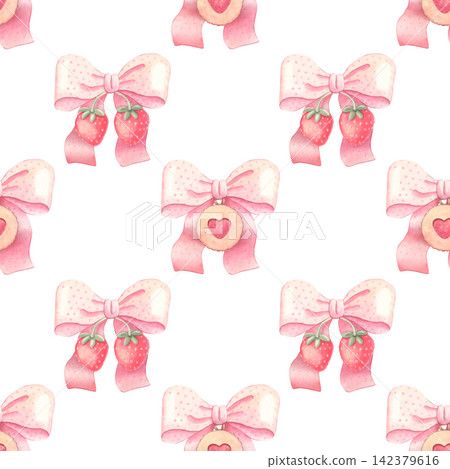 Seamless pattern with pink polka-dot bows with strawberries, jam cookies. Hand-painted watercolor on white for home textiles, wallpaper, decor, stationery, packaging, wrapping paper, branding, design Seamless pattern with pink polka-dot bows with strawberries, jam cookies. Hand-painted watercolor on white for home textiles, wallpaper, decor, stationery, packaging, wrapping paper, branding, design 142379616