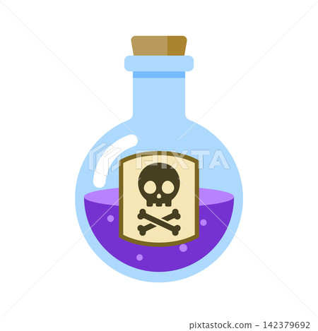 Purple poison in a round-bottom flask; labeled with a skull and bone icon. Purple poison in a round-bottom flask; labeled with a skull and bone icon. 142379692