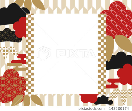 新年相框,圖案為松樹、竹子、梅花和日式紋樣背景 新年相框,圖案為松樹、竹子、梅花和日式紋樣背景 142380174