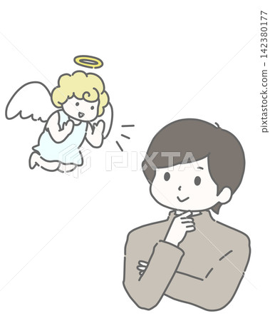 A man smiles after listening to the angel's advice. A man smiles after listening to the angel's advice. 142380177