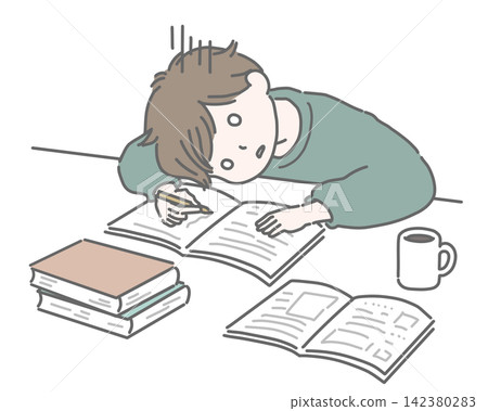 A man slumps over, having hit a wall in his studies. A man slumps over, having hit a wall in his studies. 142380283