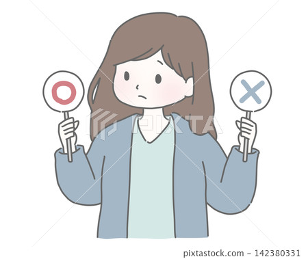 一位神情憂慮的女士,手裡拿著打勾的鈔票和劃線的鈔票。 一位神情憂慮的女士,手裡拿著打勾的鈔票和劃線的鈔票。 142380331