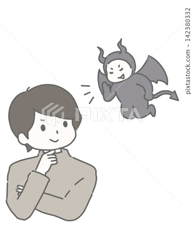 一個微笑的男人正在聆聽魔鬼的誘惑。 一個微笑的男人正在聆聽魔鬼的誘惑。 142380332