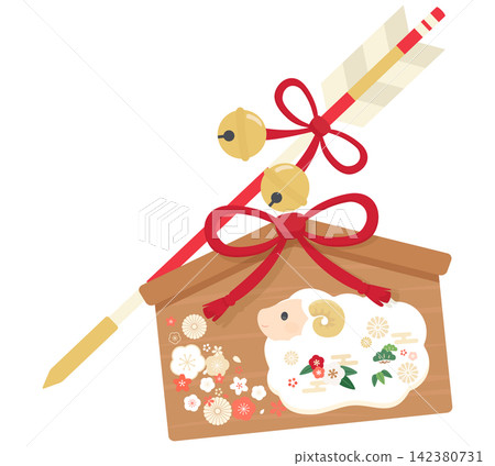 Illustrations of a sheep votive tablet and a protective arrow for New Year's. Illustrations of a sheep votive tablet and a protective arrow for New Year's. 142380731
