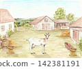 Horned dairy goat in a rustic farmyard with a farmhouse in the background. Hand-drawn with black liner and colored pencils. For farm branding, packaging, labels and rural designs. 142381191