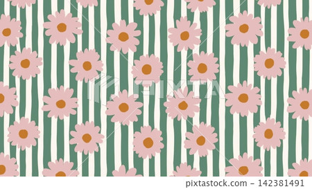 Surface Pattern in a sweet and vibrant tone featuring pink daisies vertical striped background Surface Pattern in a sweet and vibrant tone featuring pink daisies vertical striped background 142381491