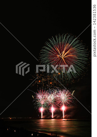Large fireworks blooming in the summer night sky Large fireworks blooming in the summer night sky 142381536