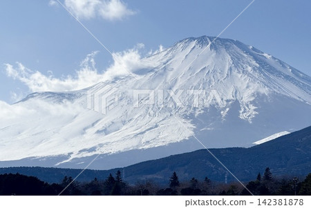 The snow-capped summit of Mount Fuji, shining in the backlight, and the shadows of the clouds. The snow-capped summit of Mount Fuji, shining in the backlight, and the shadows of the clouds. 142381878