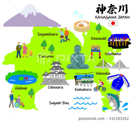 Kanagawa Prefecture Travel: Hand-drawn, Tourist Spots, Illustrated Map Kanagawa Prefecture Travel: Hand-drawn, Tourist Spots, Illustrated Map 142383262