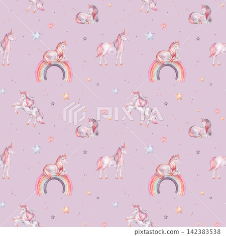 Seamless watercolor pattern with Unicorn and multicolored stars. Hand drawn Illustrations of background for nursery wallpaper, baby textiles or children paper. Pastel colors pony with rainbow Seamless watercolor pattern with Unicorn and multicolored stars. Hand drawn Illustrations of background for nursery wallpaper, baby textiles or children paper. Pastel colors pony with rainbow 142383538