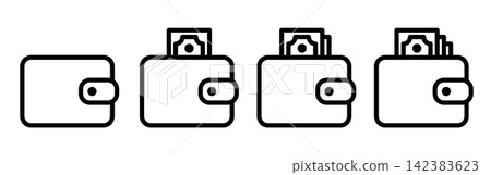 Wallet Icon Set with Zero, One, Two and Three Banknotes Showing Money Growth Wallet Icon Set with Zero, One, Two and Three Banknotes Showing Money Growth 142383623