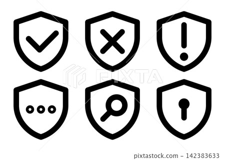 Protection Status Icon Set with Shield Checkmark, Rejected, Canceled, Warning and Pending Protection Status Icon Set with Shield Checkmark, Rejected, Canceled, Warning and Pending 142383633