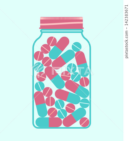 Medicine Jar Filled with Pills and Capsules. Healthcare Illustration Medicine Jar Filled with Pills and Capsules. Healthcare Illustration 142383671