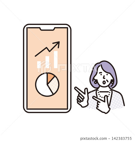 Simple illustration: A senior woman checking her asset management and investment performance on her smartphone. (Vector illustration) Simple illustration: A senior woman checking her asset management and investment performance on her smartphone. (Vector illustration) 142383755