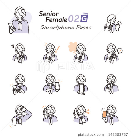 Simple illustration set of facial expressions and poses of a senior woman using a smartphone (vector illustration) 142383767