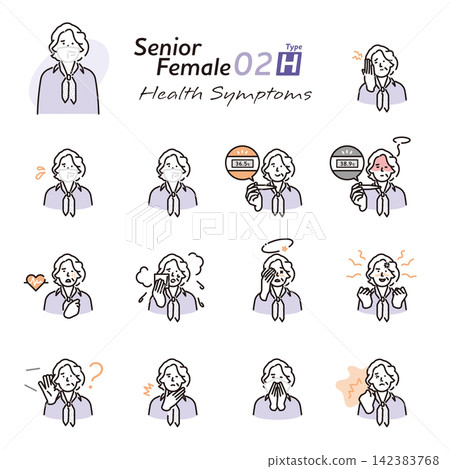 Simple illustrations of senior women depicting various health problems and symptoms (vector illustrations) Simple illustrations of senior women depicting various health problems and symptoms (vector illustrations) 142383768