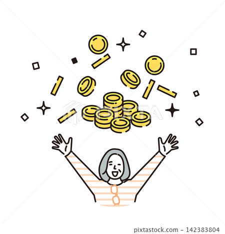 簡筆畫:一位老年婦女因財富增加和手中的大量金幣而感到高興(向量圖) 簡筆畫:一位老年婦女因財富增加和手中的大量金幣而感到高興(向量圖) 142383804