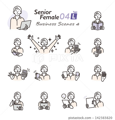 Simple illustration set of poses of senior women using calculators and digital devices (vector illustration) Simple illustration set of poses of senior women using calculators and digital devices (vector illustration) 142383820