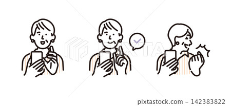 Simple illustration set of poses of a senior woman operating and checking her smartphone (vector illustration) Simple illustration set of poses of a senior woman operating and checking her smartphone (vector illustration) 142383822