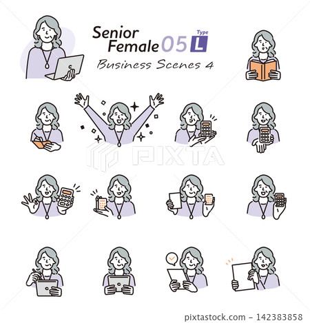 Simple illustration set of poses of senior women using calculators and digital devices (vector illustration) Simple illustration set of poses of senior women using calculators and digital devices (vector illustration) 142383858