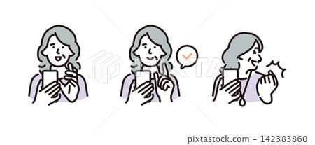 Simple illustration set of poses of a senior woman operating and checking her smartphone (vector illustration) Simple illustration set of poses of a senior woman operating and checking her smartphone (vector illustration) 142383860
