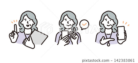 Simple illustration set of poses for senior women guiding users through smartphone operation and screen navigation (vector illustration) Simple illustration set of poses for senior women guiding users through smartphone operation and screen navigation (vector illustration) 142383861