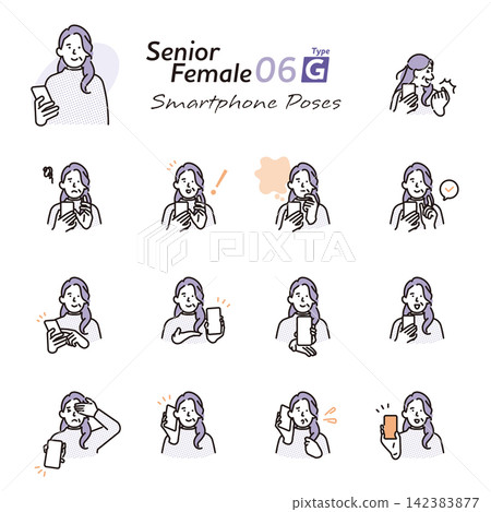 Simple illustration set of facial expressions and poses of a senior woman using a smartphone (vector illustration) Simple illustration set of facial expressions and poses of a senior woman using a smartphone (vector illustration) 142383877