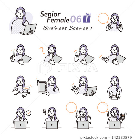 Simple illustration: Set of poses for senior women working or giving explanations (Vector illustration) Simple illustration: Set of poses for senior women working or giving explanations (Vector illustration) 142383879