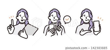 一套簡單的插圖，描繪了老年女性指導使用者操作智慧型手機和螢幕導航的姿勢（向量圖）。 142383885