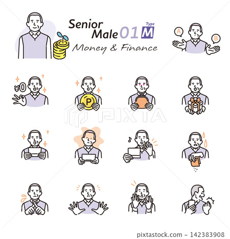 Simple illustrations: A set of vector illustrations depicting senior men in various poses related to money, savings, and points. Simple illustrations: A set of vector illustrations depicting senior men in various poses related to money, savings, and points. 142383908