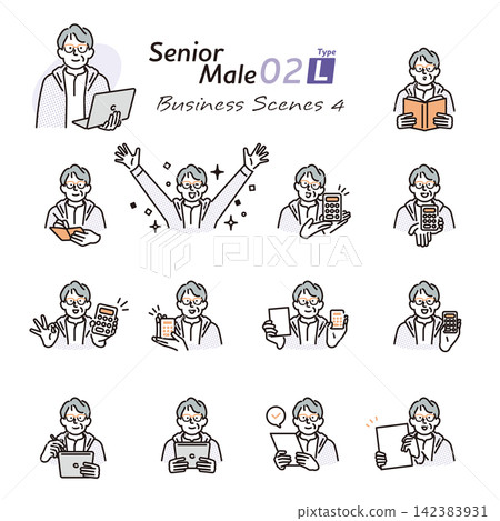 Simple illustration set of poses of senior men using calculators and digital devices (vector illustration) Simple illustration set of poses of senior men using calculators and digital devices (vector illustration) 142383931