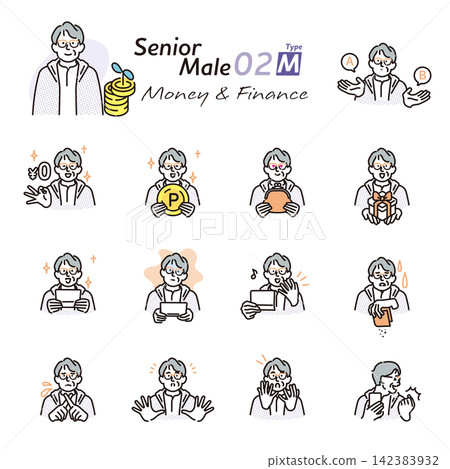Simple illustrations: A set of vector illustrations depicting senior men in various poses related to money, savings, and points. Simple illustrations: A set of vector illustrations depicting senior men in various poses related to money, savings, and points. 142383932