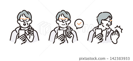 Simple illustration: A set of poses for a senior man operating and checking a smartphone (vector illustration) Simple illustration: A set of poses for a senior man operating and checking a smartphone (vector illustration) 142383933