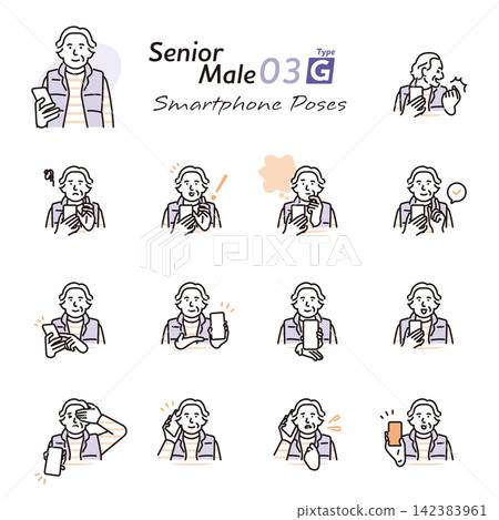 Simple illustration set of facial expressions and poses of a senior man using a smartphone (vector illustration) Simple illustration set of facial expressions and poses of a senior man using a smartphone (vector illustration) 142383961