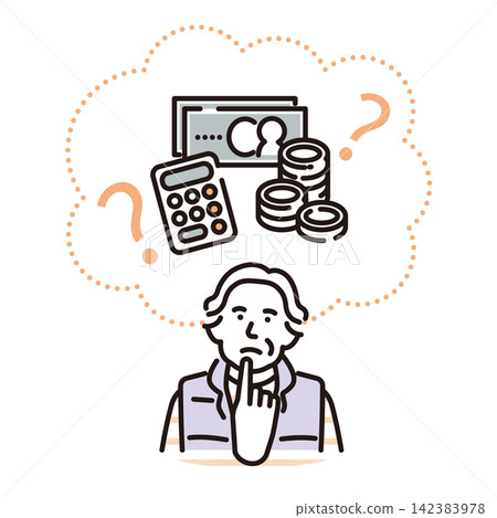 Simple illustration: A senior man thinking about asset management (vector illustration) Simple illustration: A senior man thinking about asset management (vector illustration) 142383978