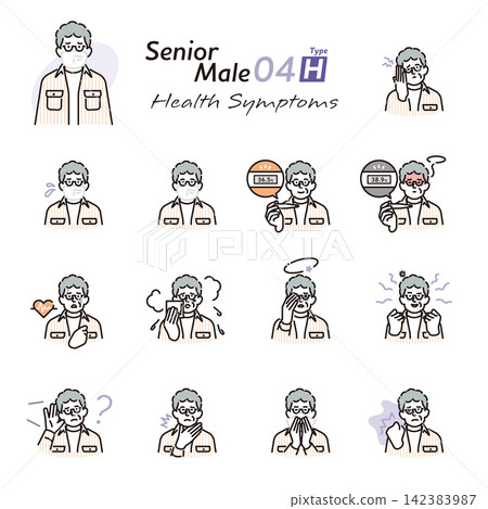Simple illustrations of senior men depicting various health problems and symptoms (vector illustrations) Simple illustrations of senior men depicting various health problems and symptoms (vector illustrations) 142383987