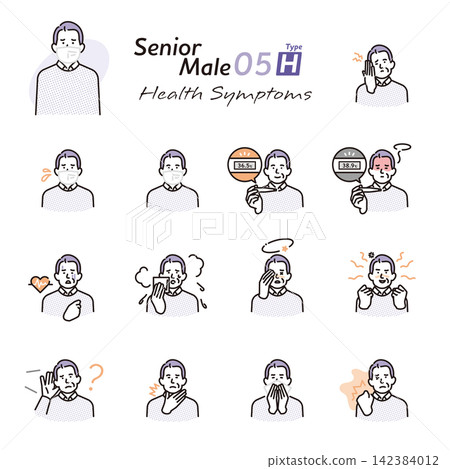 Simple illustrations of senior men depicting various health problems and symptoms (vector illustrations) 142384012