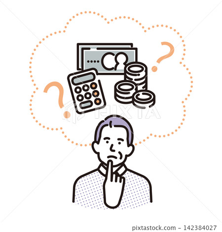 Simple illustration: A senior man thinking about asset management (vector illustration) Simple illustration: A senior man thinking about asset management (vector illustration) 142384027