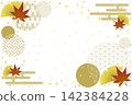 Autumn Japanese Modern Design: Vector background featuring autumn-colored maple and ginkgo leaves with a round Japanese pattern frame. 142384228