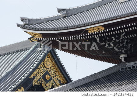 Traditional Japanese temple roof with overlapping eaves adorned by intricate golden decorative elements Traditional Japanese temple roof with overlapping eaves adorned by intricate golden decorative elements 142384432
