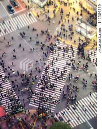 The Shibuya scramble crossing and the bustling downtown area at night The Shibuya scramble crossing and the bustling downtown area at night 142384589